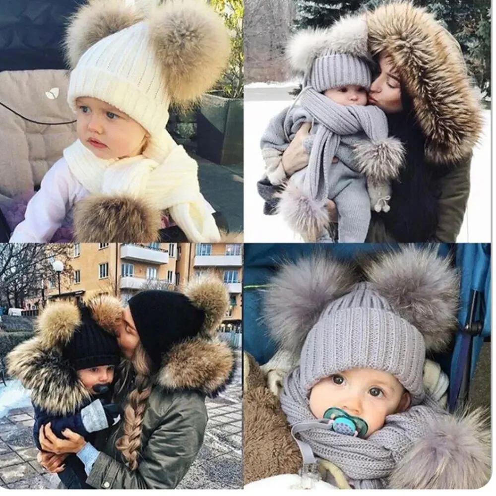 New double pom pom knit baby hat